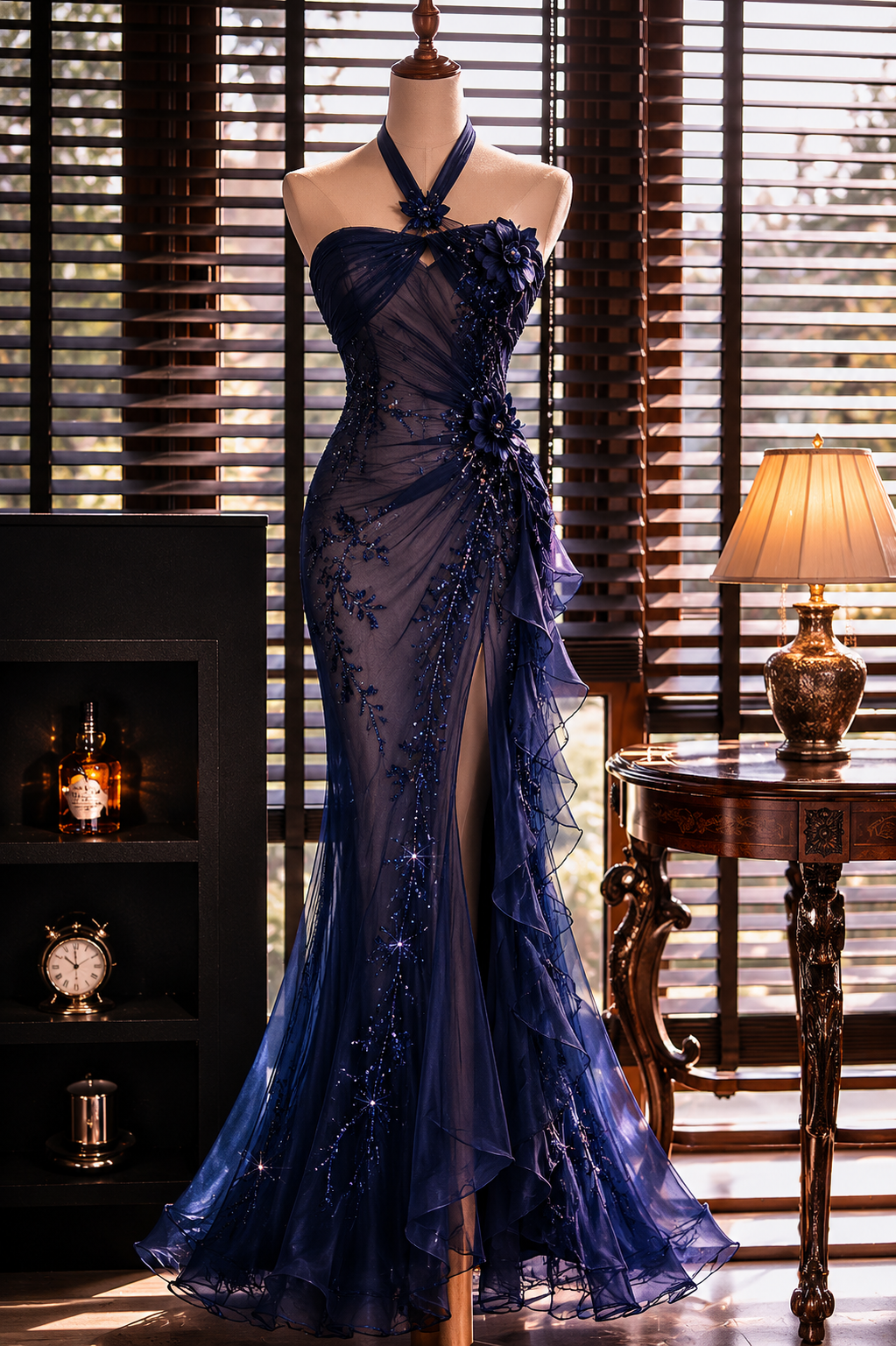 Robe de bal glamour bleu marine, fourreau licol, en tulle perlé, longue robe de soirée DP05745