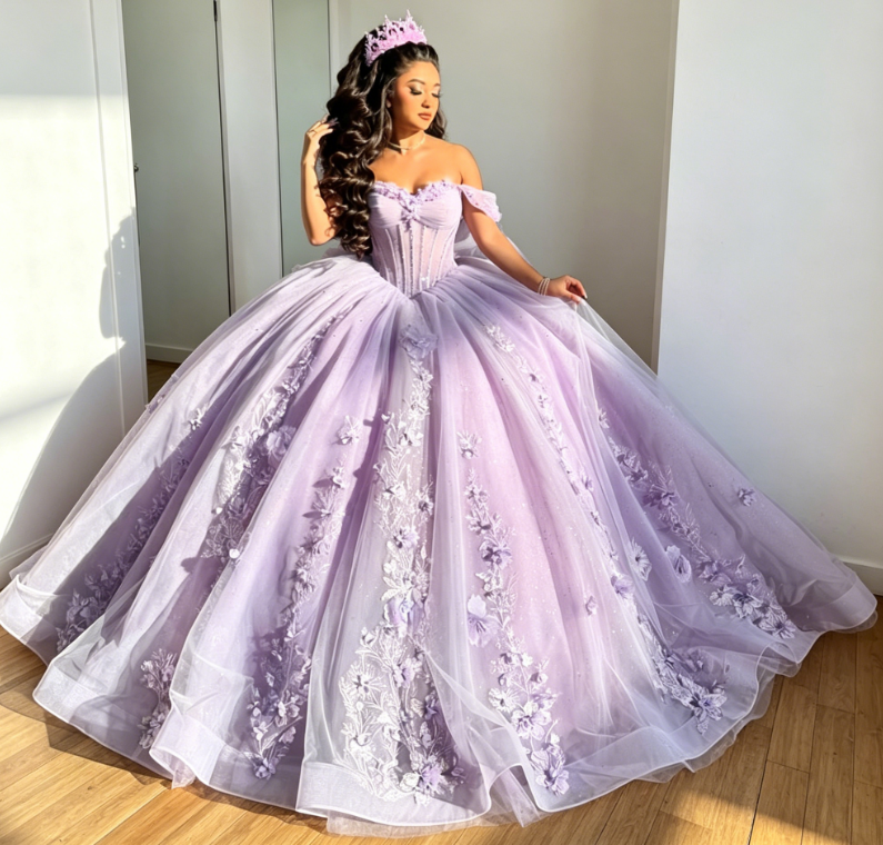 Märchenhaftes, schulterfreies Ballkleid für Quinceañera aus Tüll mit Applikationen, Lavendelfarbenes Sweet 16 Kleid DP05748