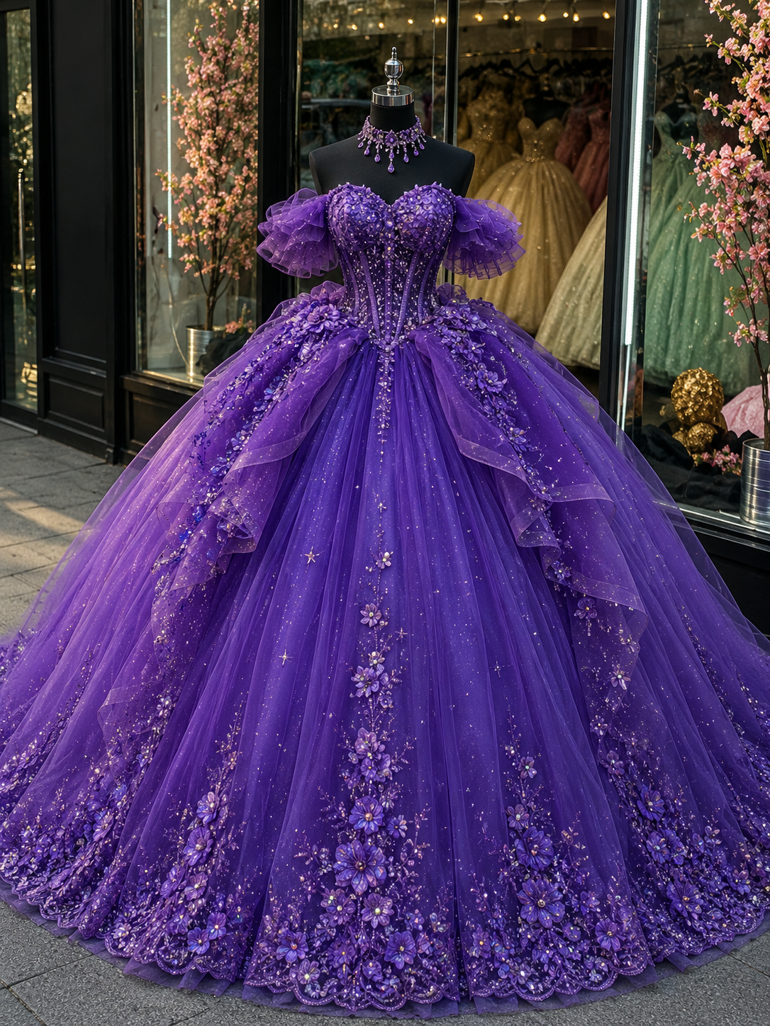 Robe de bal de Quinceañera féerique à épaules dénudées en tulle avec appliqués, robe de fête de 16 ans violette DP05753