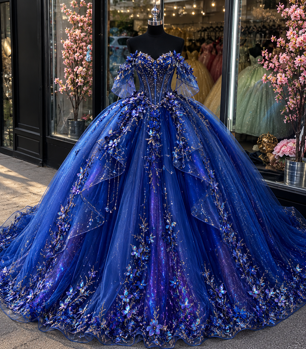Elegantes königsblaues Quinceanera-Kleid, schulterfreies Ballkleid, Tüll-Applikation, Sweet 16 Kleid DP05764
