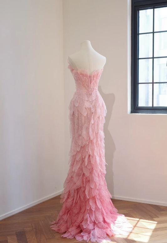 Robe de bal rose élégante, robe de soirée longue sirène bustier en tulle brodé DP05775