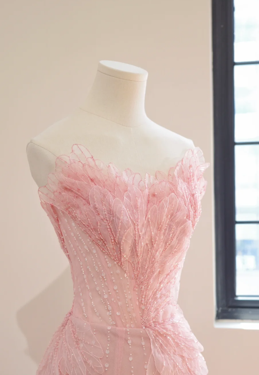 Robe de bal rose élégante, robe de soirée longue sirène bustier en tulle brodé DP05775