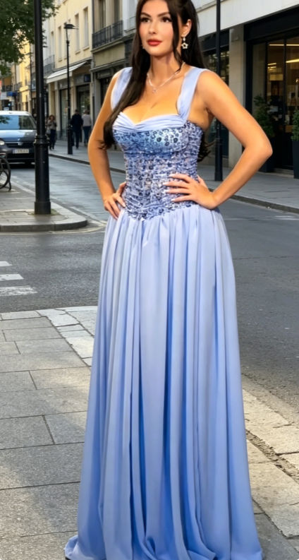 Classy Blue Prom Dress, Straps Sheath Beaded Chiffon Long Evening Dress DP05778