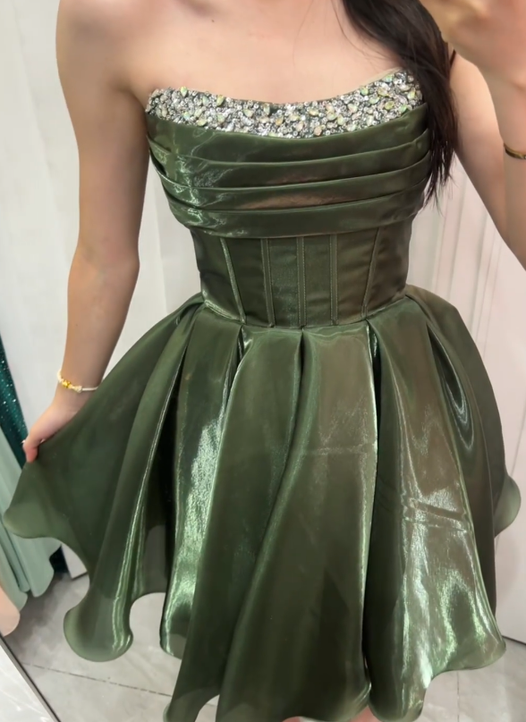 Robe d'anniversaire Glamour Vert, Robe de cocktail bustier coupe A en satin pour le bal de promo DP05788