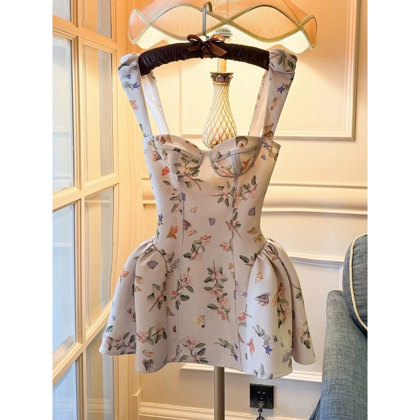 Chic Floral Homecoming Dress Straps A-Line Satin Short Prom Dress Sleeveless Graduation Party Dress DP05806