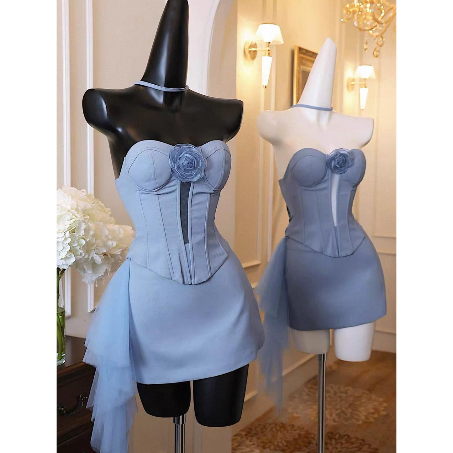 Chic Blue Homecoming Dress Sweetheart Sheath Satin Short Prom Dress Sleeveless Graduation Party Dress DP05808