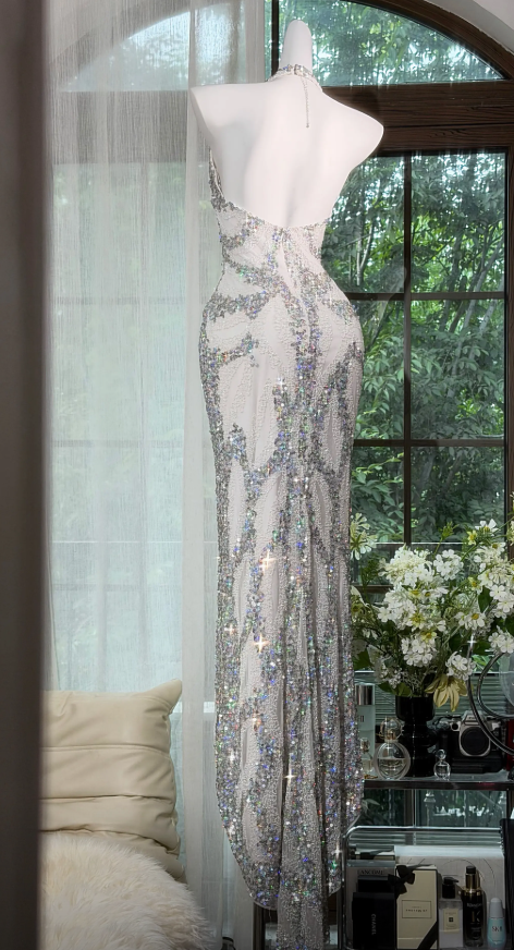 Elegant Silver Prom Dress Halter Sheath Sequins Chiffon Long Evening Dress DP05891