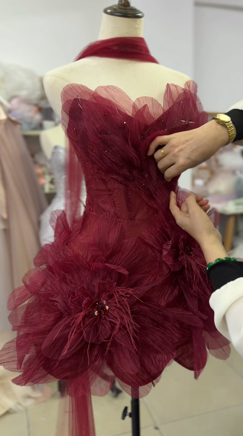 Cute Maroon Summer Party Outfit Sweetheart Sheath Tulle Birthday Dress Sleeveless Homecoming Dress DP05961