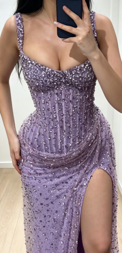 Chic Purple Evening Dress Straps Sheath Tulle Beaded Prom Dress DP05972