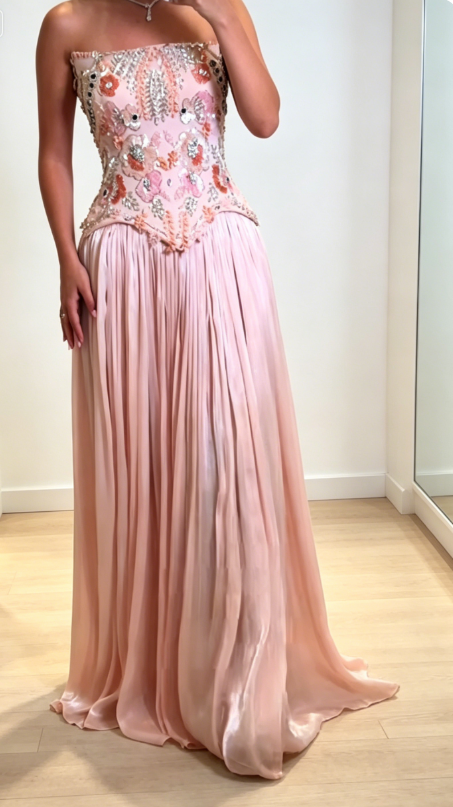 Chic Pink Evening Dress Strapless Sheath Chiffon Prom Dress DP05976