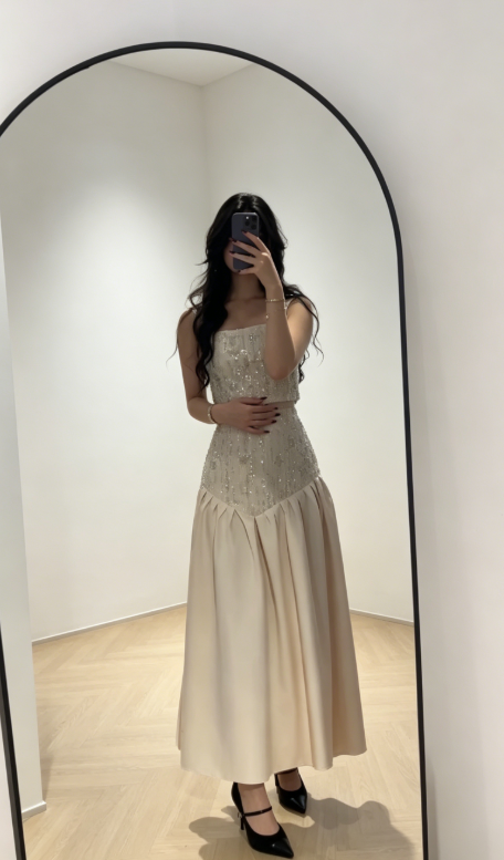 Chic Ivory Evening Dress Straps Sheath Beaded Satin Long Prom Dress DP05980