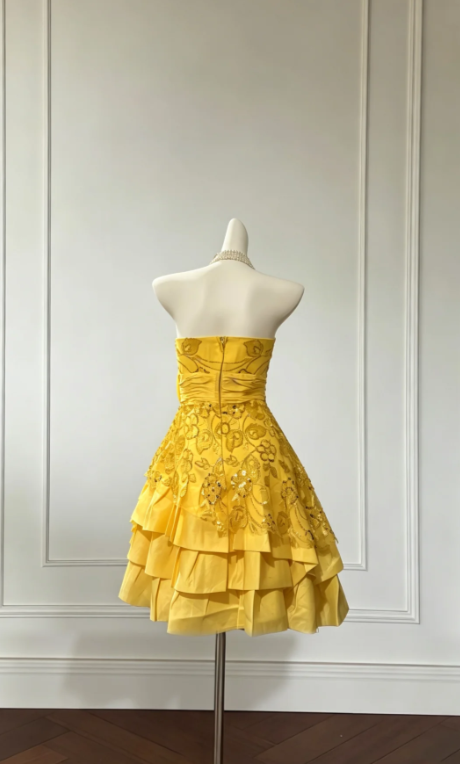 Vintage Yellow Hoco Dress Strapless Birthday Dress A-Line Satin Party Dress DP05983