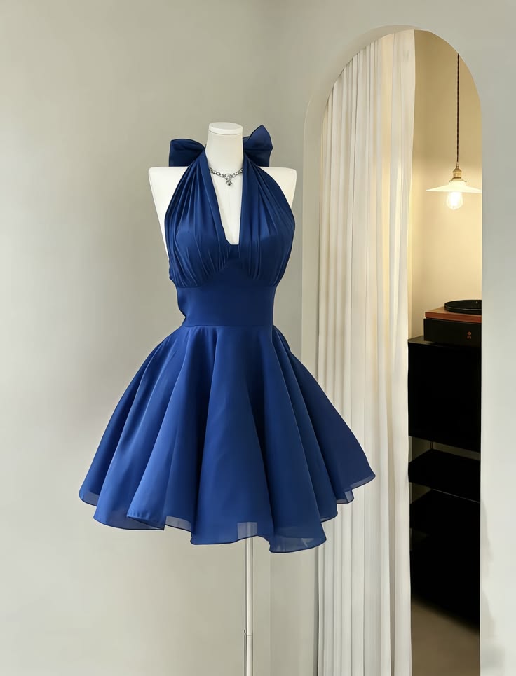 Sexy Blue Hoco Dress Halter A-Line Birthday Dress Chiffon Graduation Party Dress DP05995