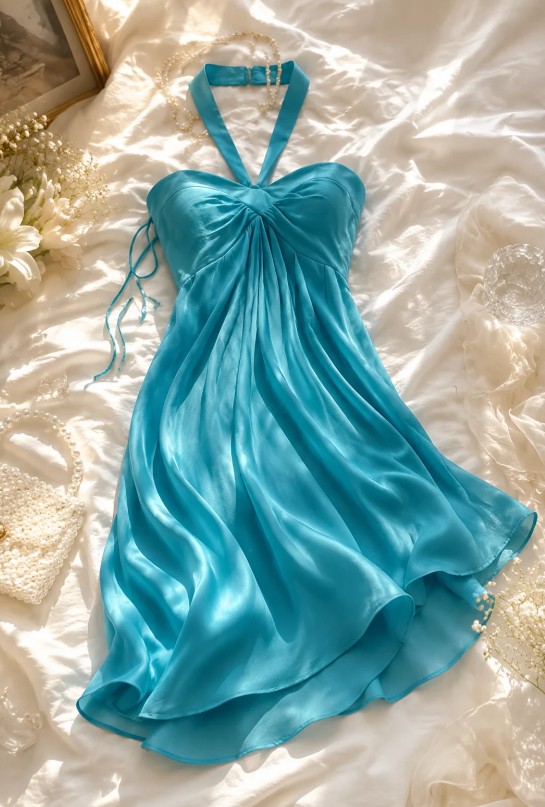 Glamour Robe de Hoco bleue Halter Fourreau Robe d'anniversaire en Mousseline Robe de Soirée de Remise des Diplômes DP05998