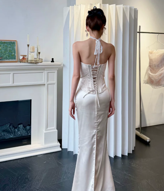 Chic White Long Evening Dress Sweetheart Sheath Prom Dress Satin Formal Dress DP06081