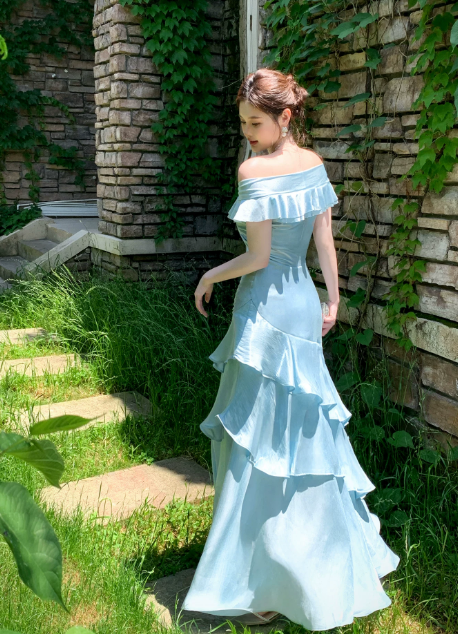 Chic Off-shoulder Sheath Long Evening Dress Ruffles Satin Blue Prom Dress DP06086