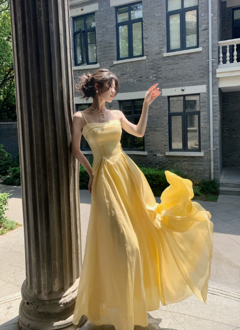 Chic Spaghetti Straps A-Line Long Evening Dress Chiffon Yellow Prom Dress DP06087
