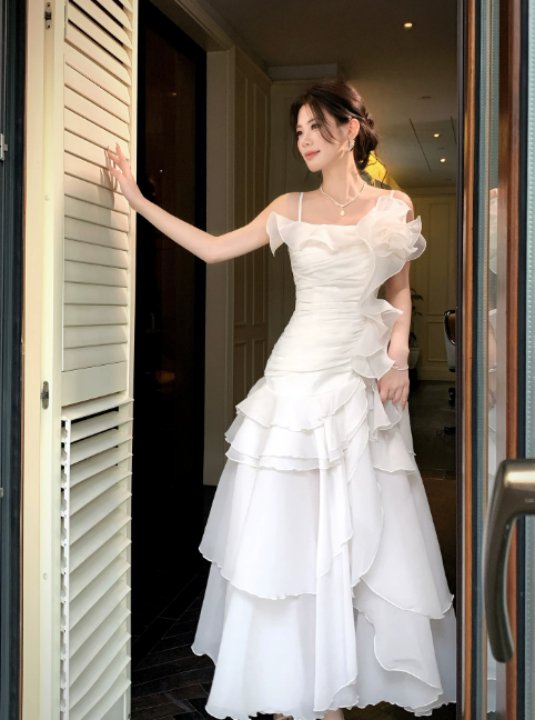 Cute Spaghetti Straps A-Line Long Evening Dress Chiffon White Prom Dress DP06088