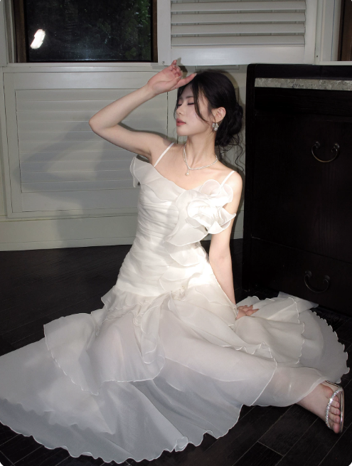 Cute Spaghetti Straps A-Line Long Evening Dress Chiffon White Prom Dress DP06088