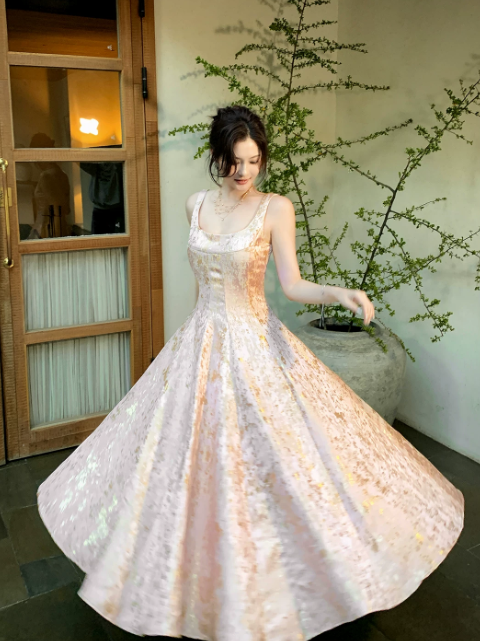 Fairy Straps A-Line Long Evening Dress Satin Pink Prom Dress DP06094