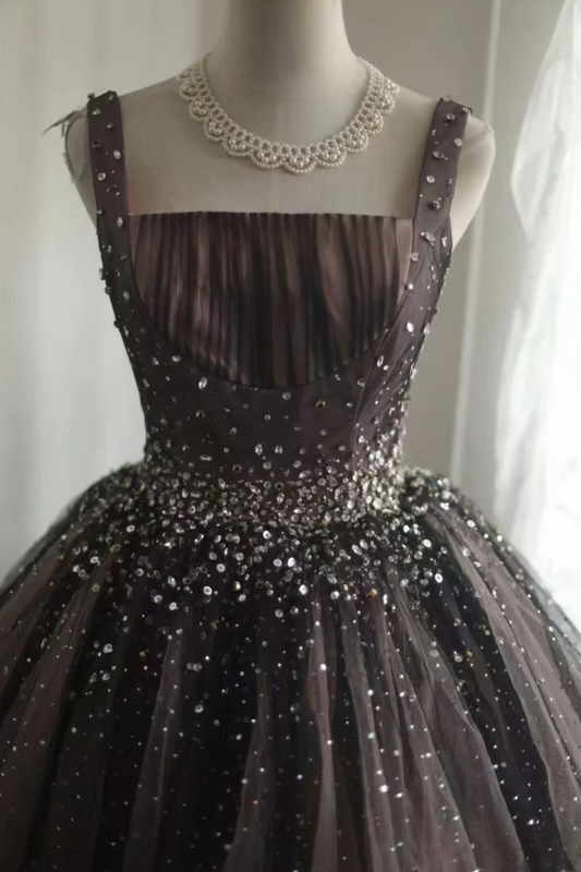 Gorgeous Straps Ball Gown Quicneanera Dress Tulle Appliques Brown Sweet 16 Dress DP06100