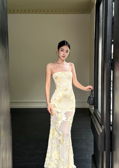 Robe longue de soirée bustier moulante en mousseline glamour jaune, robe de bal DP06108