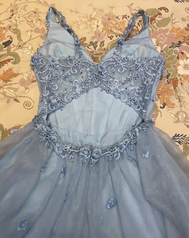 Robe de soirée Chic Bleu Hoco Robe en tulle avec appliques Robe de fête Robe d'anniversaire Trapèze DP06156