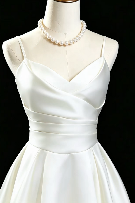 Einfaches weißes Geburtstagskleid mit Spaghettiträgern A-Linien-Abschlussballkleid Satin-Abendkleid DP06177