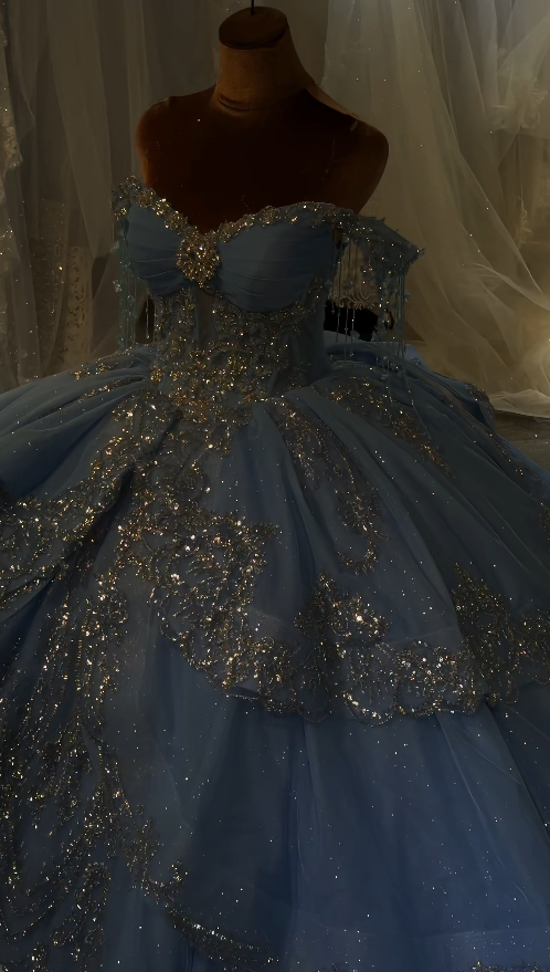 Robe de bal de Quinceanera féérique en tulle à épaules dénudées, perles bleues, robe de bal de fin d'année douce 16 ans DP06205
