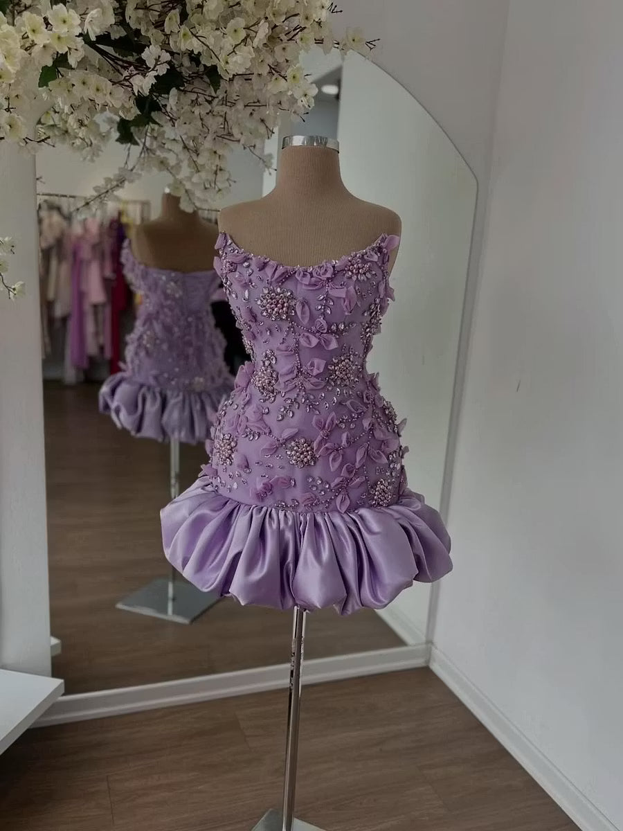 Niedliches lilafarbenes Geburtstags-Cocktailkleid Scheide Hoco-Kleid Sweetheart Satin Applikationen Kleid für Party DP06208