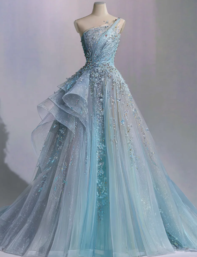 Elegantes blaues Ballkleid, schulterfrei, A-Linie, Tüll, langes Abendkleid DP06211