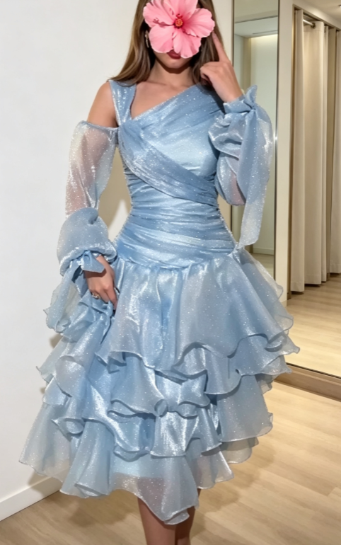 Robe de soirée en mousseline asymétrique Hoco bleue à la mode, robe d'anniversaire en tulle DP06224