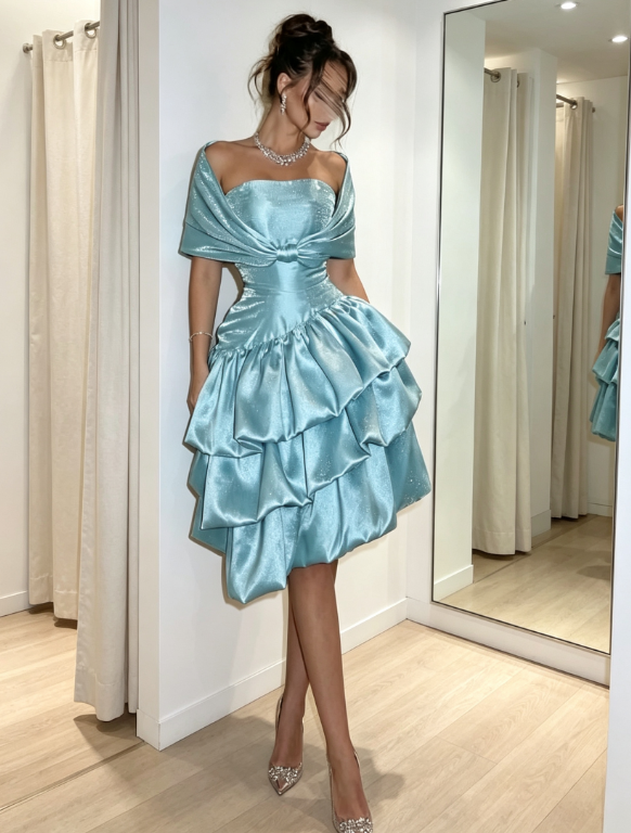 Robe de soirée bleu mode Hoco Robe de satin trapèze pour anniversaire Robe de soirée à épaules dénudées DP06228