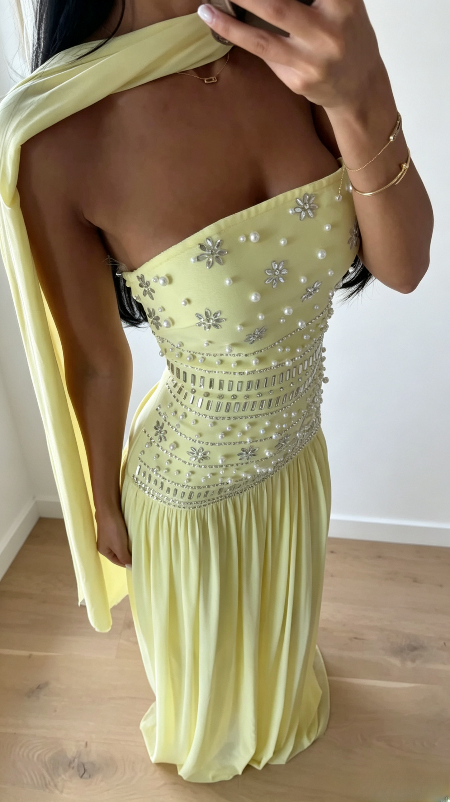 Elegantes gelbes Abendkleid Chiffon Ballkleid Trägerloses Etuikleid DP06240