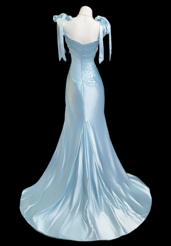Robe de Soirée Chic Bleue à Bretelles, Fourreau, Bal, Satin, Formelle DP06248