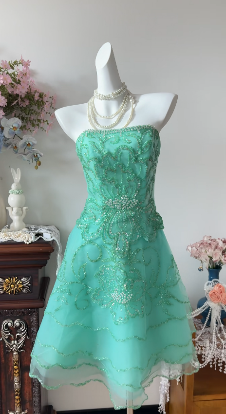 Sexy Blue Short Prom Dress Tulle Beaded Hoco Dress Strapless A-Line Birthday Dress A-Line DP06258