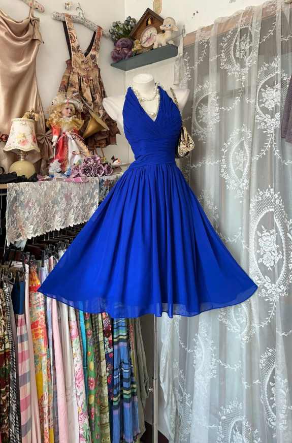 Niedliches blaues kurzes Ballkleid, A-Linie, Geburtstagskleid, Chiffon-Heimkehrkleid DP06262