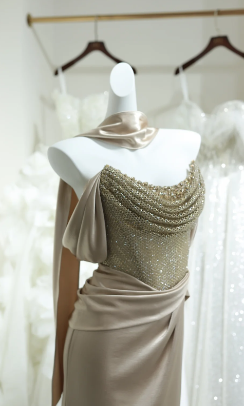 Chic Off-shoulder Sheath Satin Beaded Long Evening Dress Champagne Prom Dress DP06283