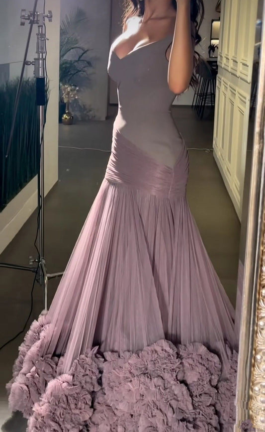 Elegantes Off-Shoulder A-Linien-Tüllkleid, langes Abendkleid, staubiges Lila Ballkleid DP06290