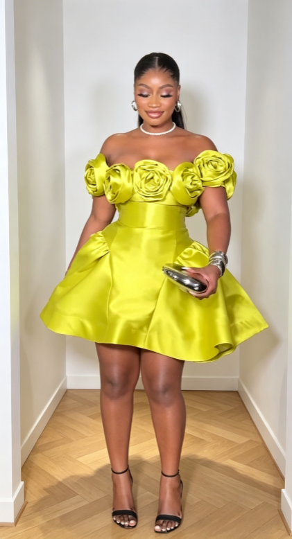 Robe de bal jaune sexy, robe de soirée trapèze épaules dénudées, robe d'anniversaire en satin DP06308