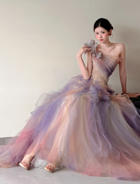 Glamouröses, schulterfreies Ballkleid A-Linien-Kleid für Partys Tüll-Abendkleid DP06317