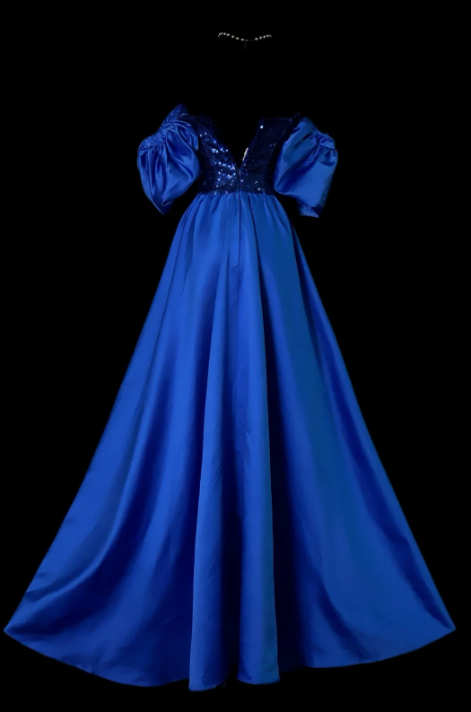 Elegantes blaues Ballkleid schulterfrei A-Linie Satin langes Abendkleid DP06340
