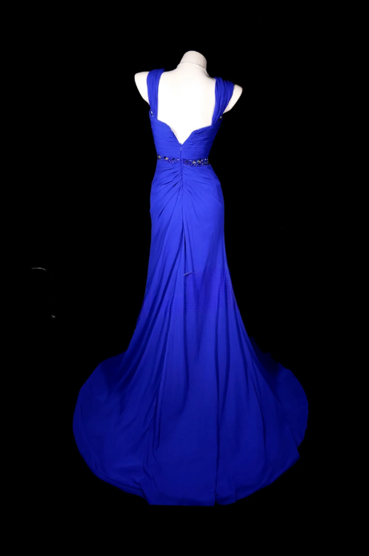 Robe de soirée élégante bleue, bretelles, fourreau en mousseline de soie, robe de bal DP06367