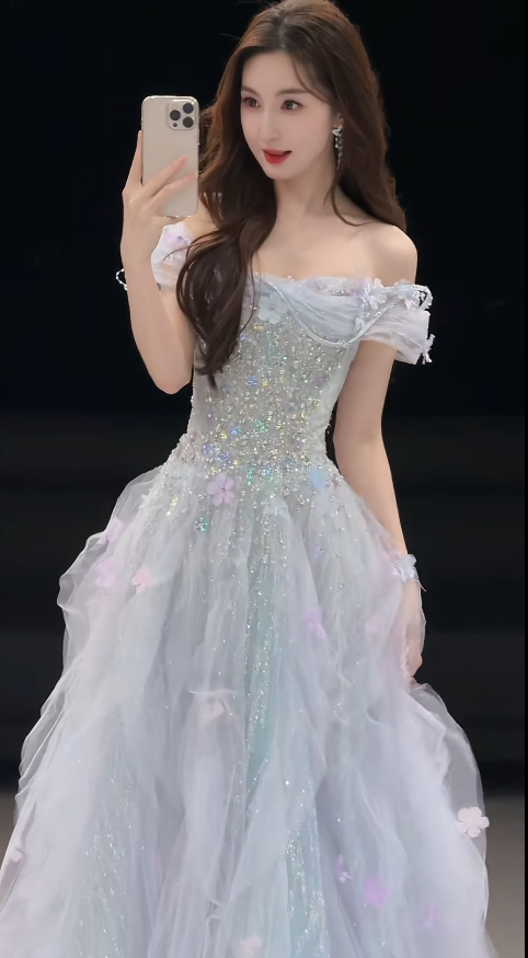 Elegant Pale Blue Evening Dress Off-shoulder A-Line Tulle Beaded Prom Dress DP06369