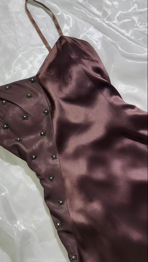 Elegant Brown Evening Dress Spaghetti Straps Sheath Satin Prom Dress DP06374