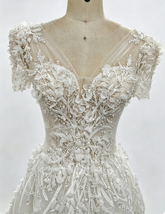 Schlichtes V-Ausschnitt A-Linie Brautkleid Tüll Hochzeitskleid Weiß Ärmelloses Brautkleid DP06414