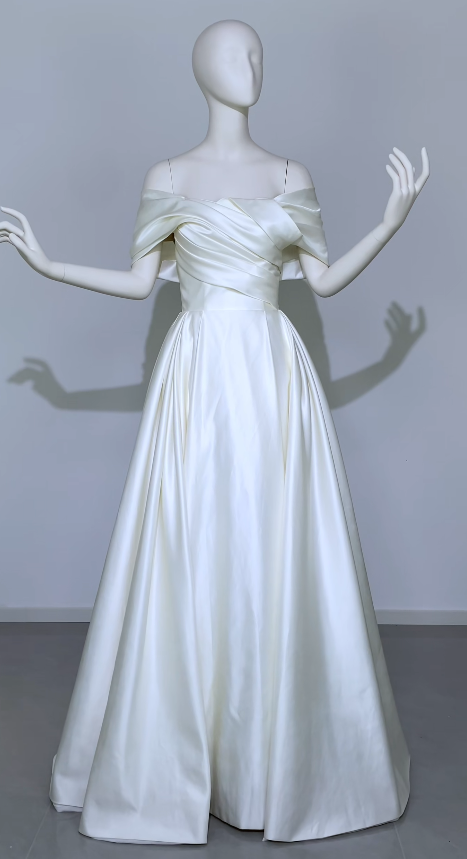 Simple Off-shoulder A-Line Wedding Dress Satin Bridal Dress White Sleeveless Bridal Gown DP06415