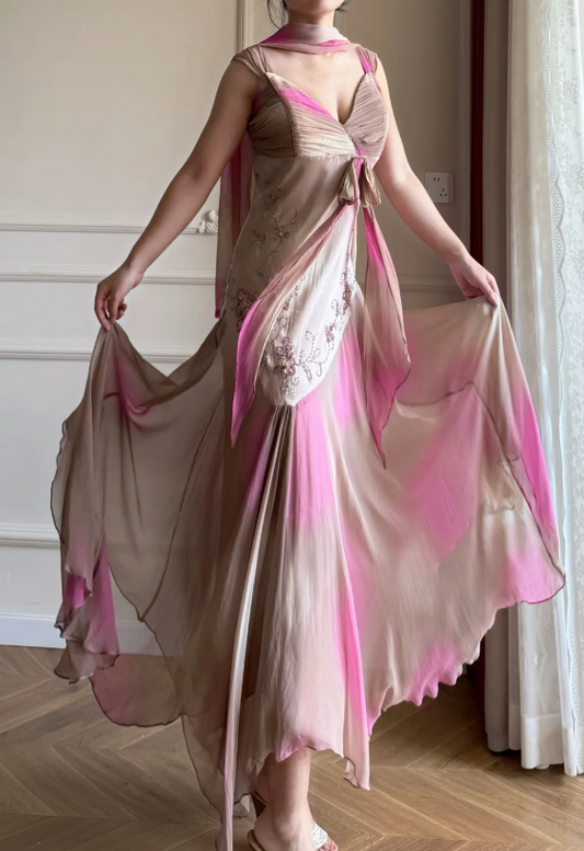 Robe de bal rose chic en mousseline de soie fourreau à bretelles longue robe de soirée DP06420