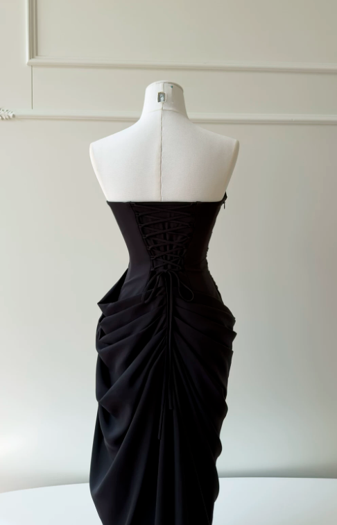 Robe de bal chic noire bustier fourreau mousseline longue robe de soirée DP06431