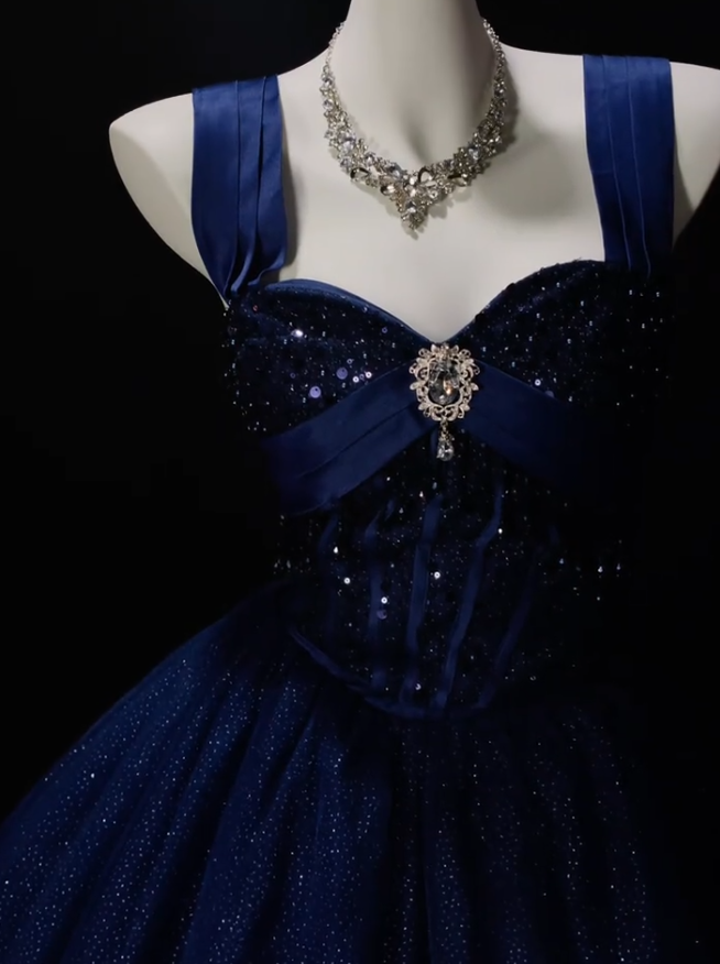 Elegant Navy Blue Prom Dress Straps A-Line Tulle Long Evening Dress DP06459